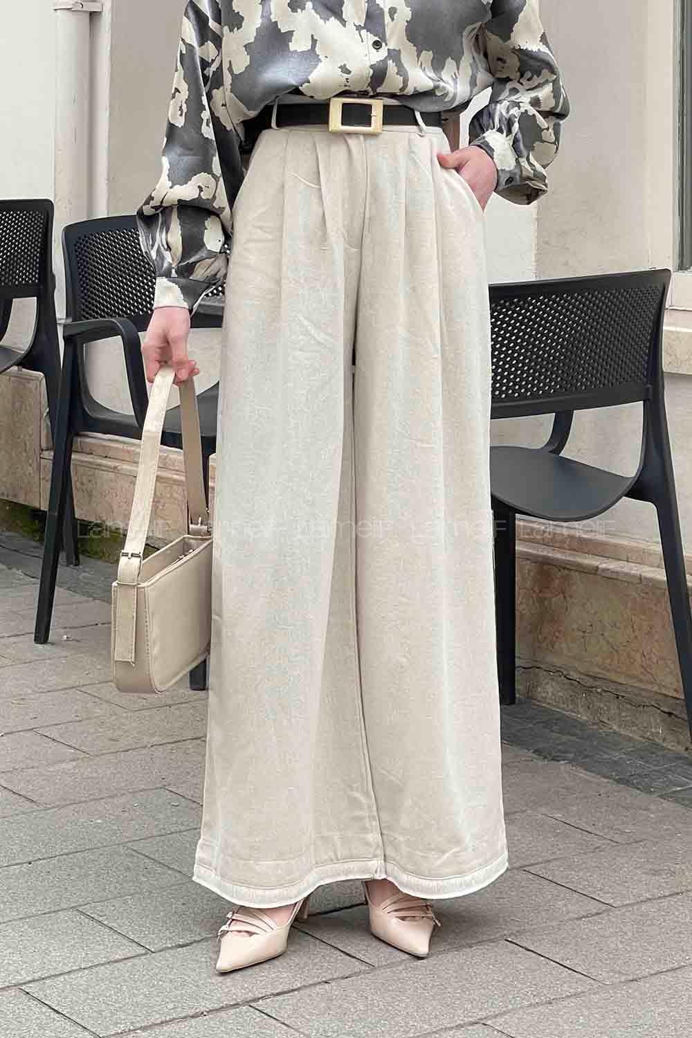 Beige Linen High Waist Pants
