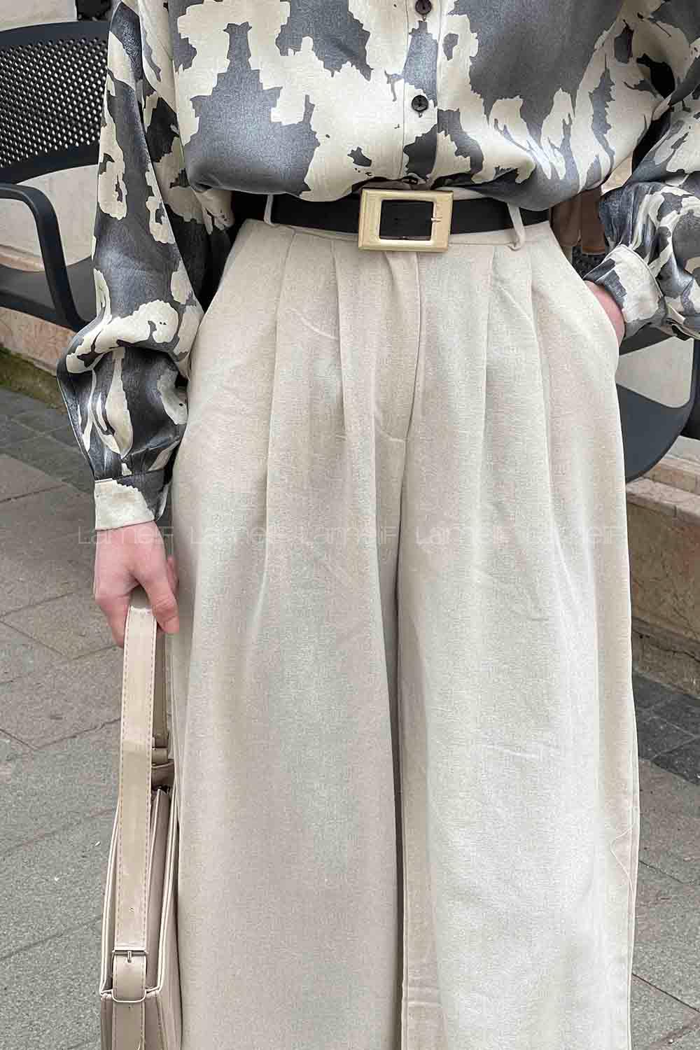 Beige Linen High Waist Pants