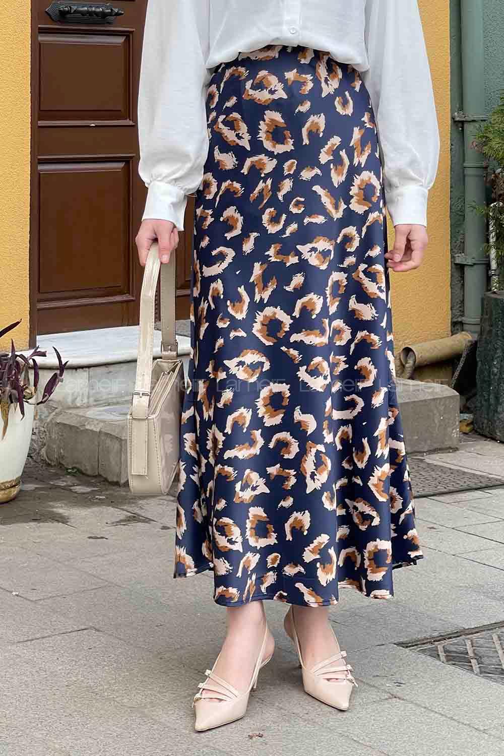 Lamelif Saten Pamuklu Leopar Etek  Lacivert