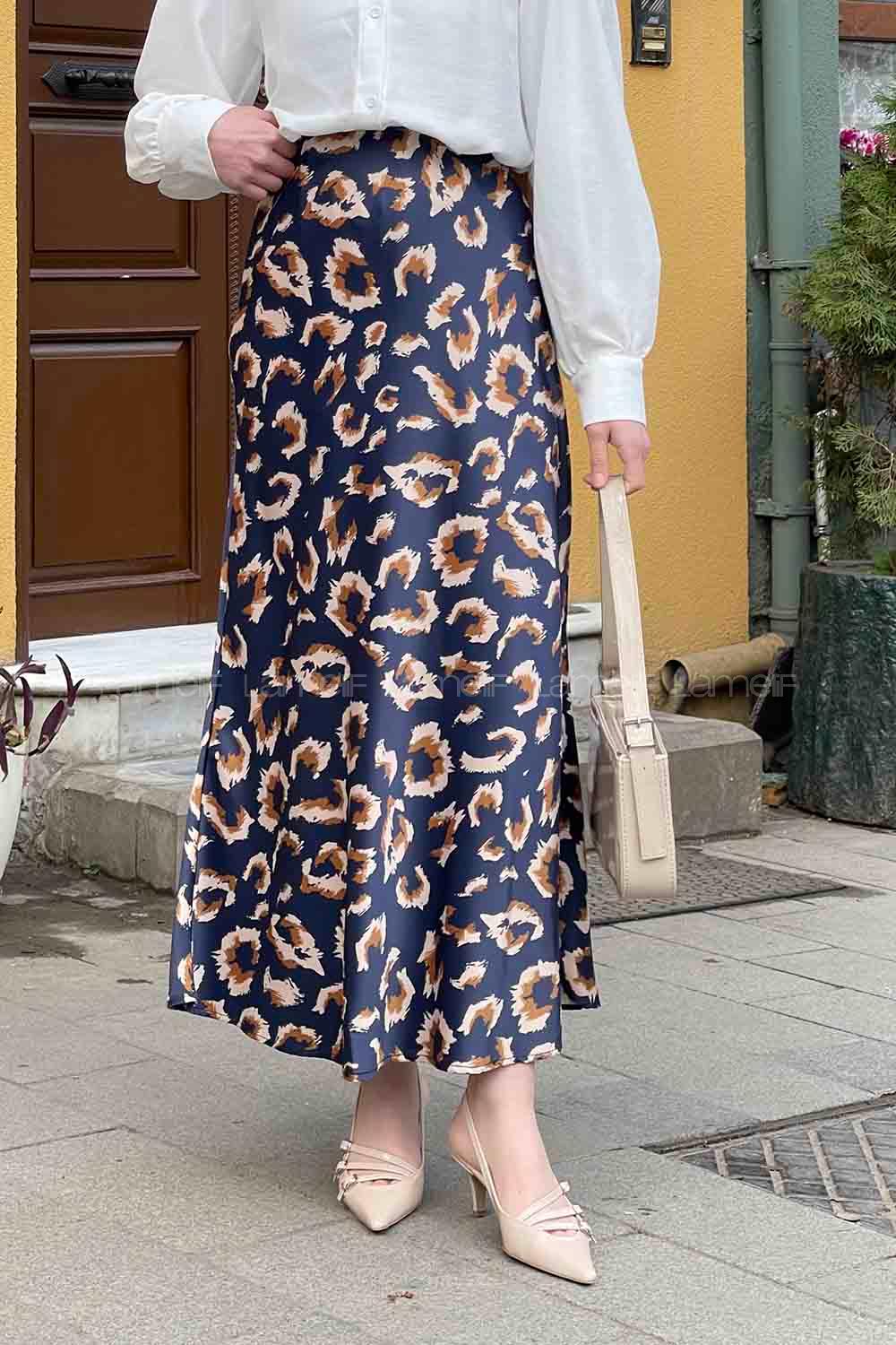 Lamelif Saten Pamuklu Leopar Etek  Lacivert