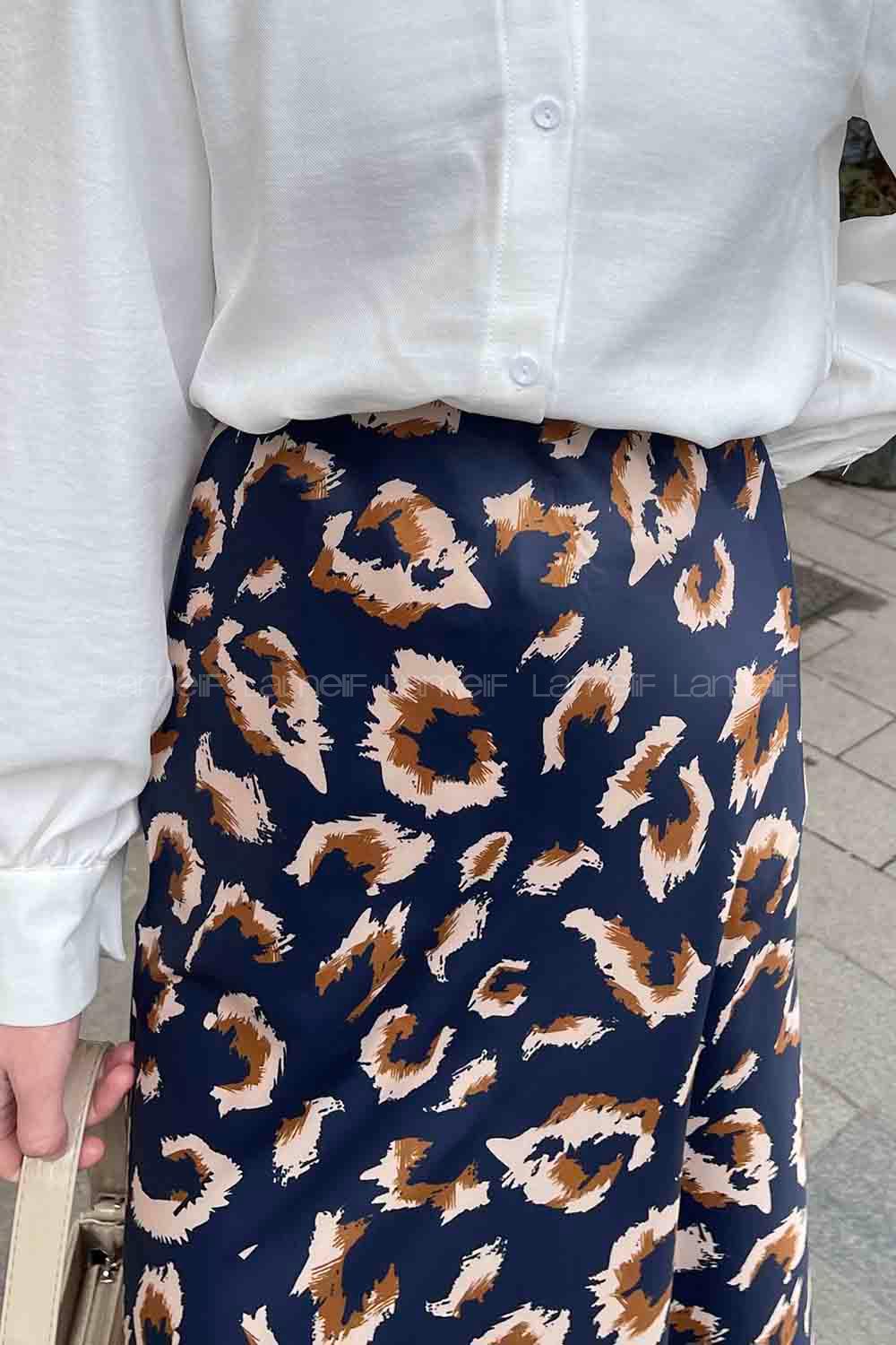 Lamelif Saten Pamuklu Leopar Etek  Lacivert