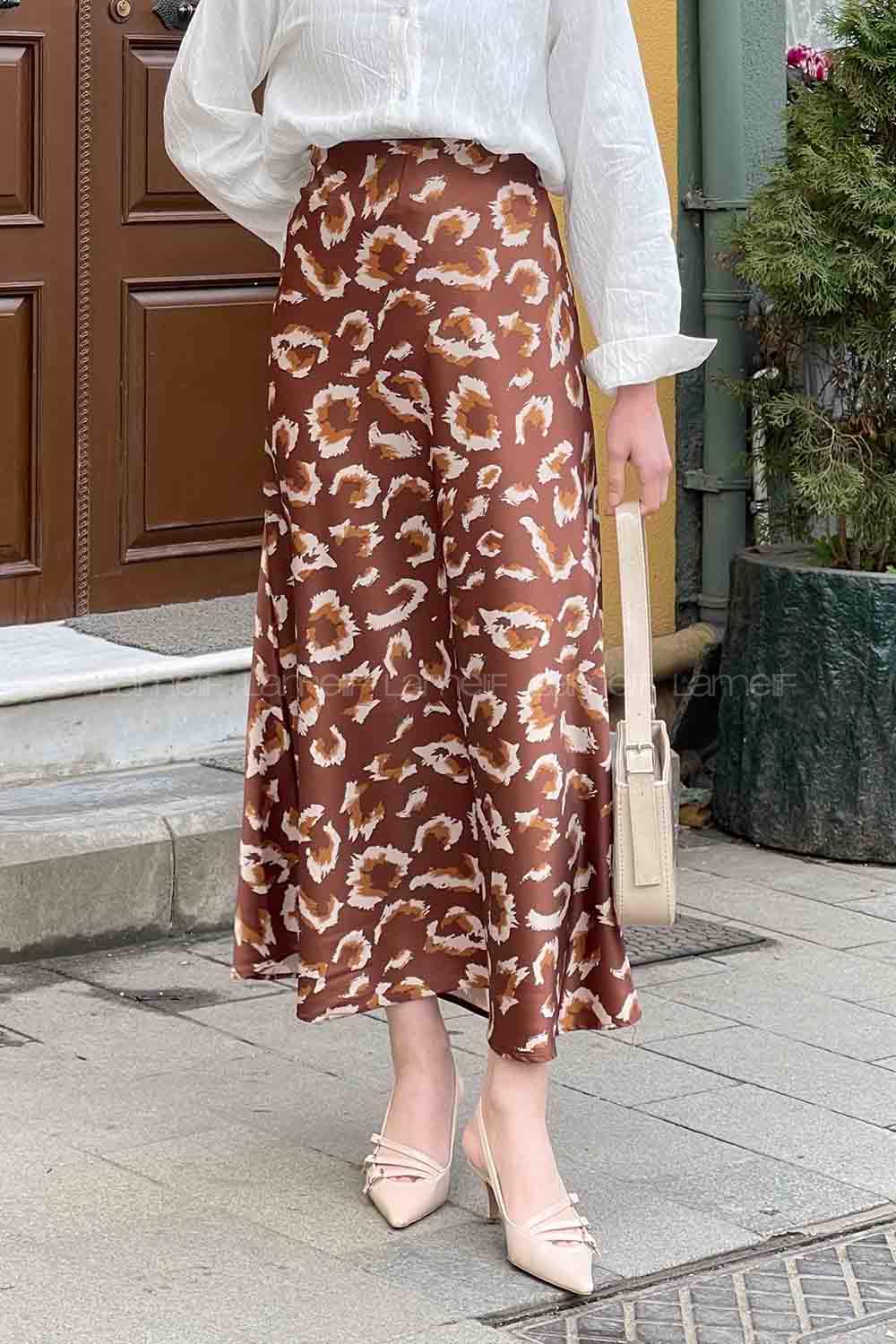 Lamelif Saten Pamuklu Leopar Etek Toprak Rengi