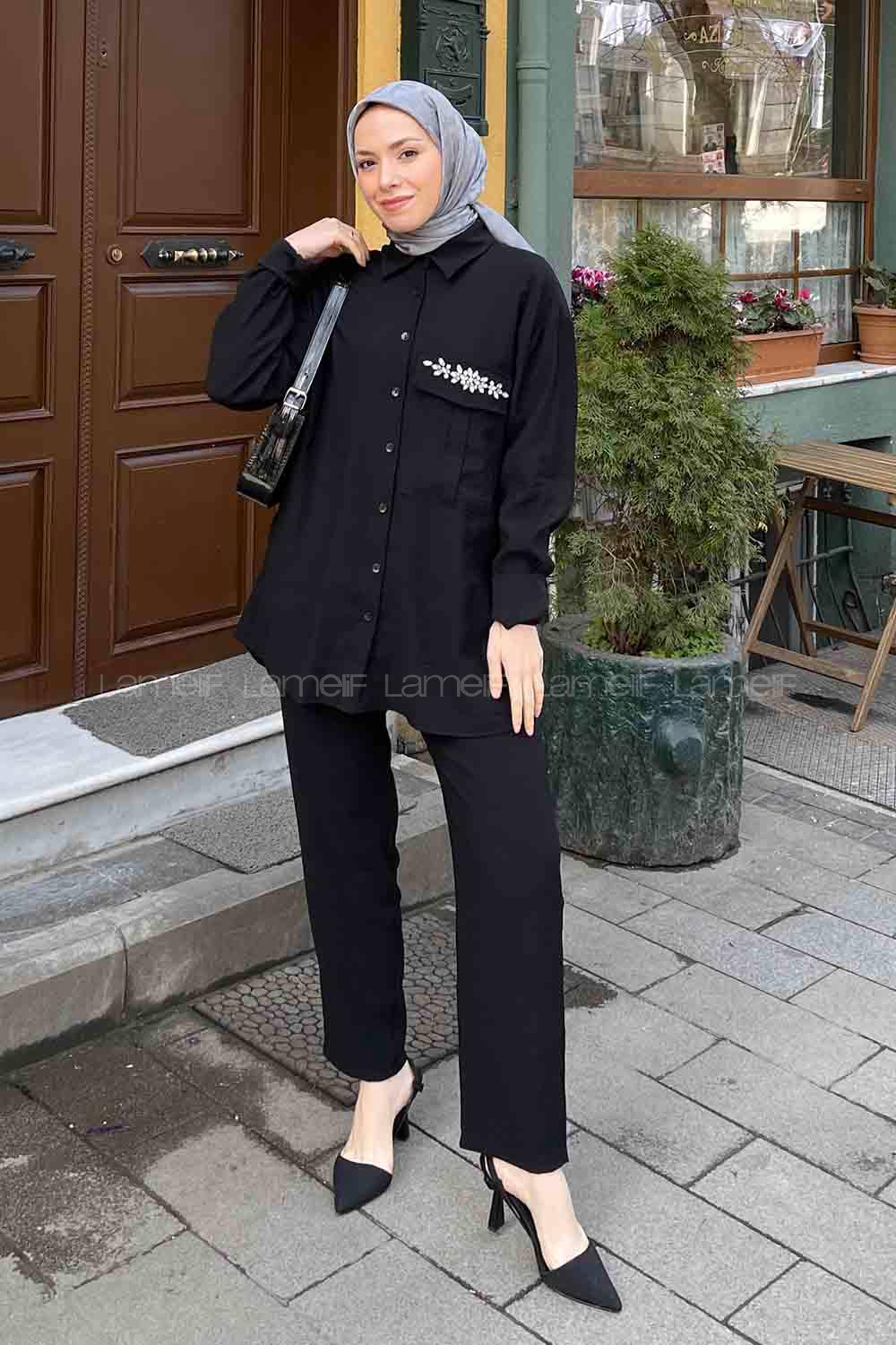 Black Shirt Collar Long Arm Buttoned Cotton Regular Trousers Comfortable Suit