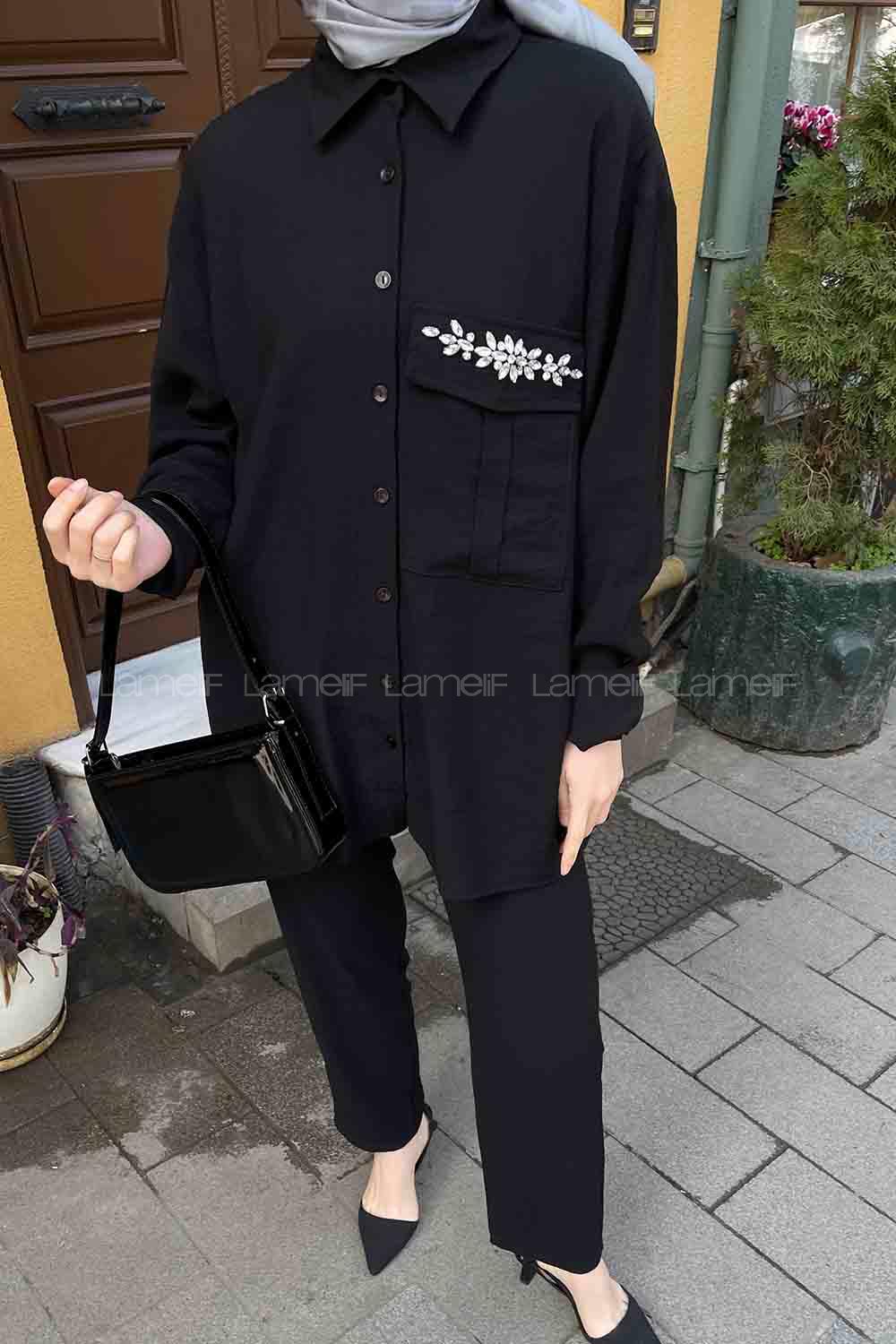 Black Shirt Collar Long Arm Buttoned Cotton Regular Trousers Comfortable Suit