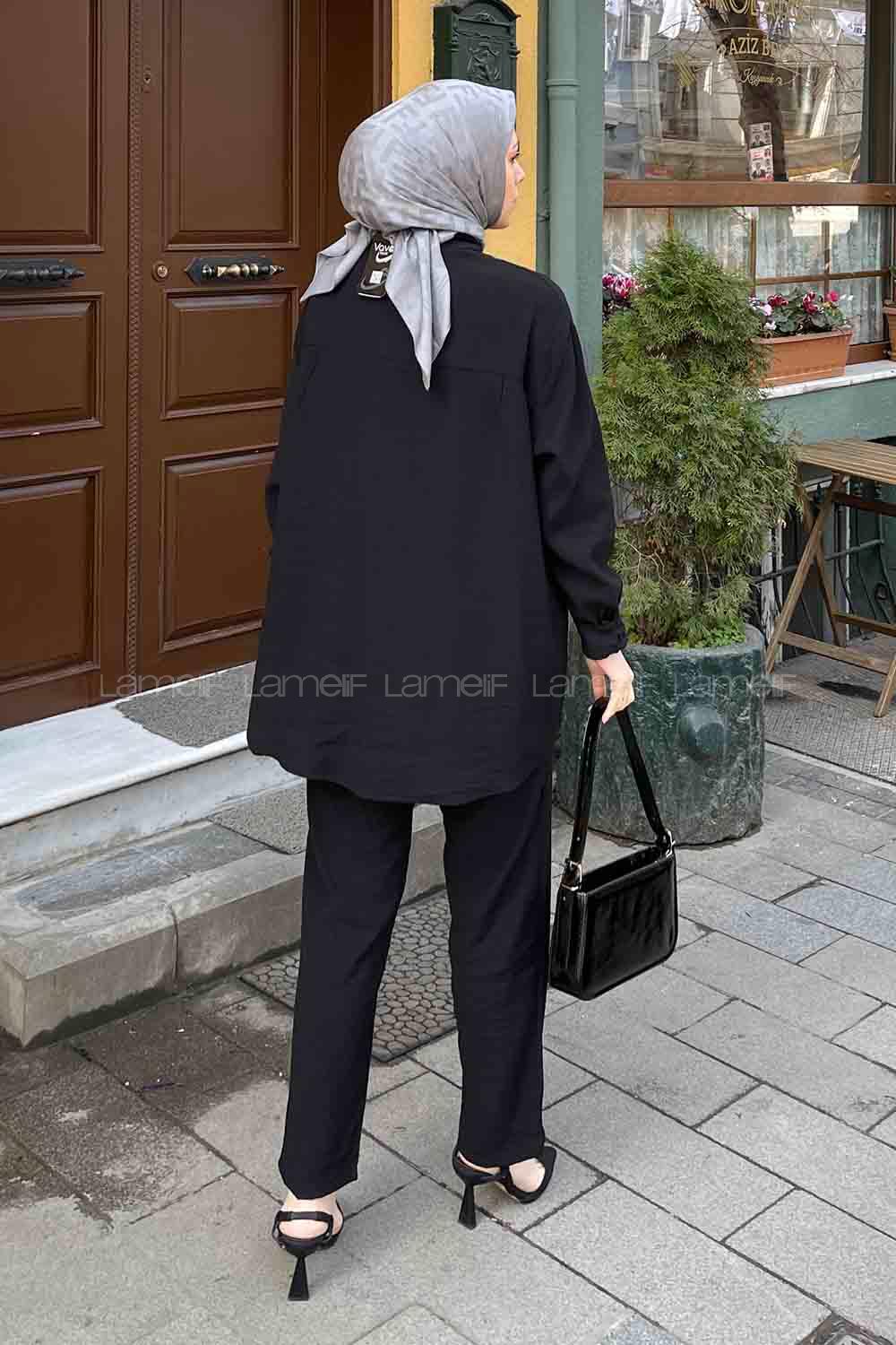 Black Shirt Collar Long Arm Buttoned Cotton Regular Trousers Comfortable Suit