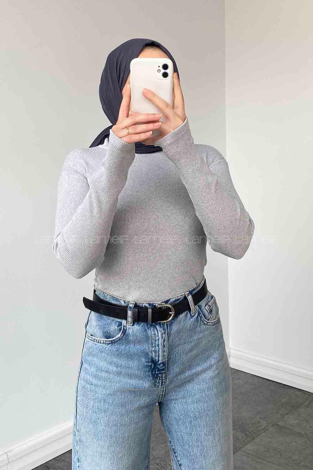 Lamelif Balıkçı Yaka Fitilli Body Açık Gri