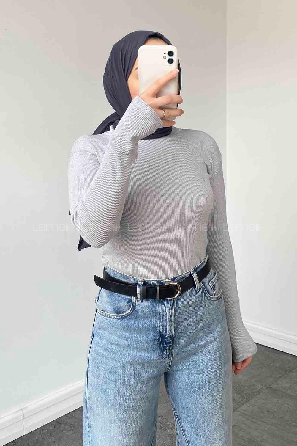 Lamelif Balıkçı Yaka Fitilli Body Açık Gri