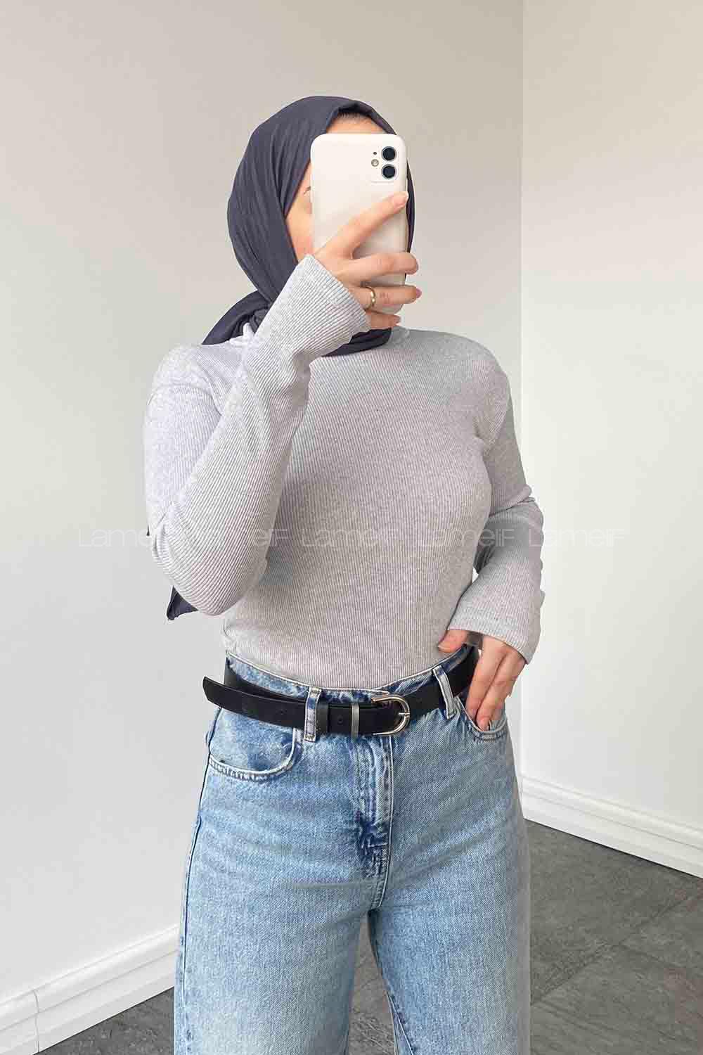 Lamelif Balıkçı Yaka Fitilli Body Açık Gri