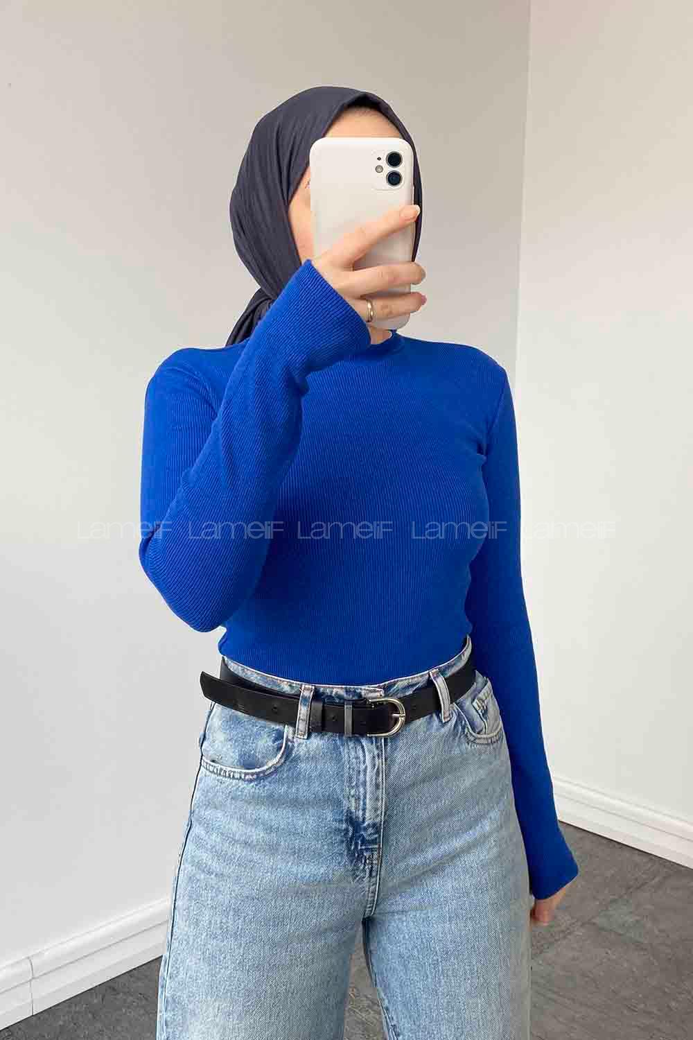 Lamelif Balıkçı Yaka Fitilli Body Saks Mavisi