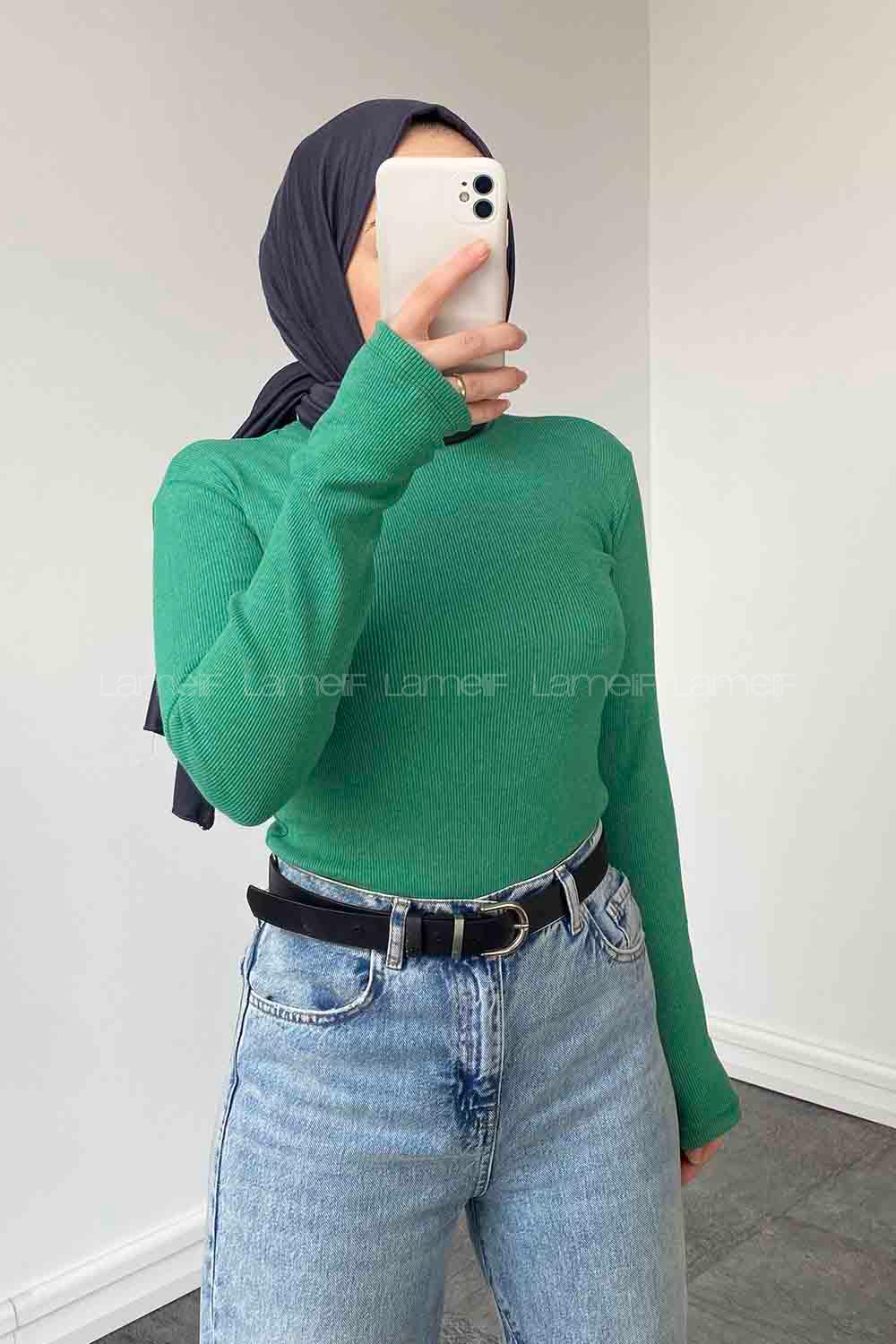 Lamelif Balıkçı Yaka Fitilli Body Yeşil