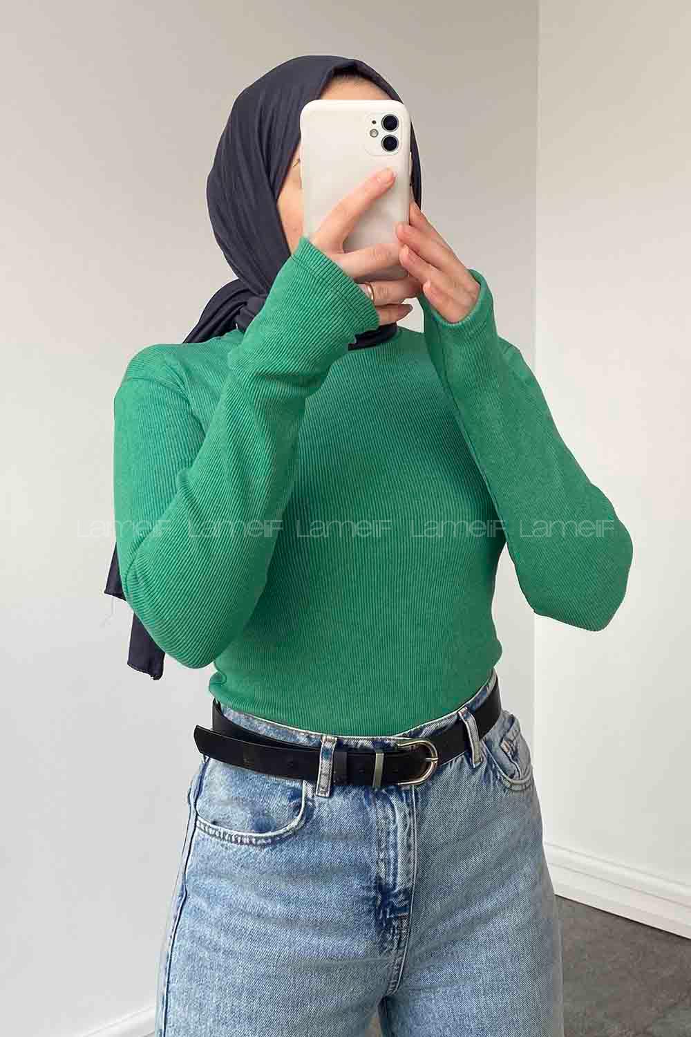 Lamelif Balıkçı Yaka Fitilli Body Yeşil