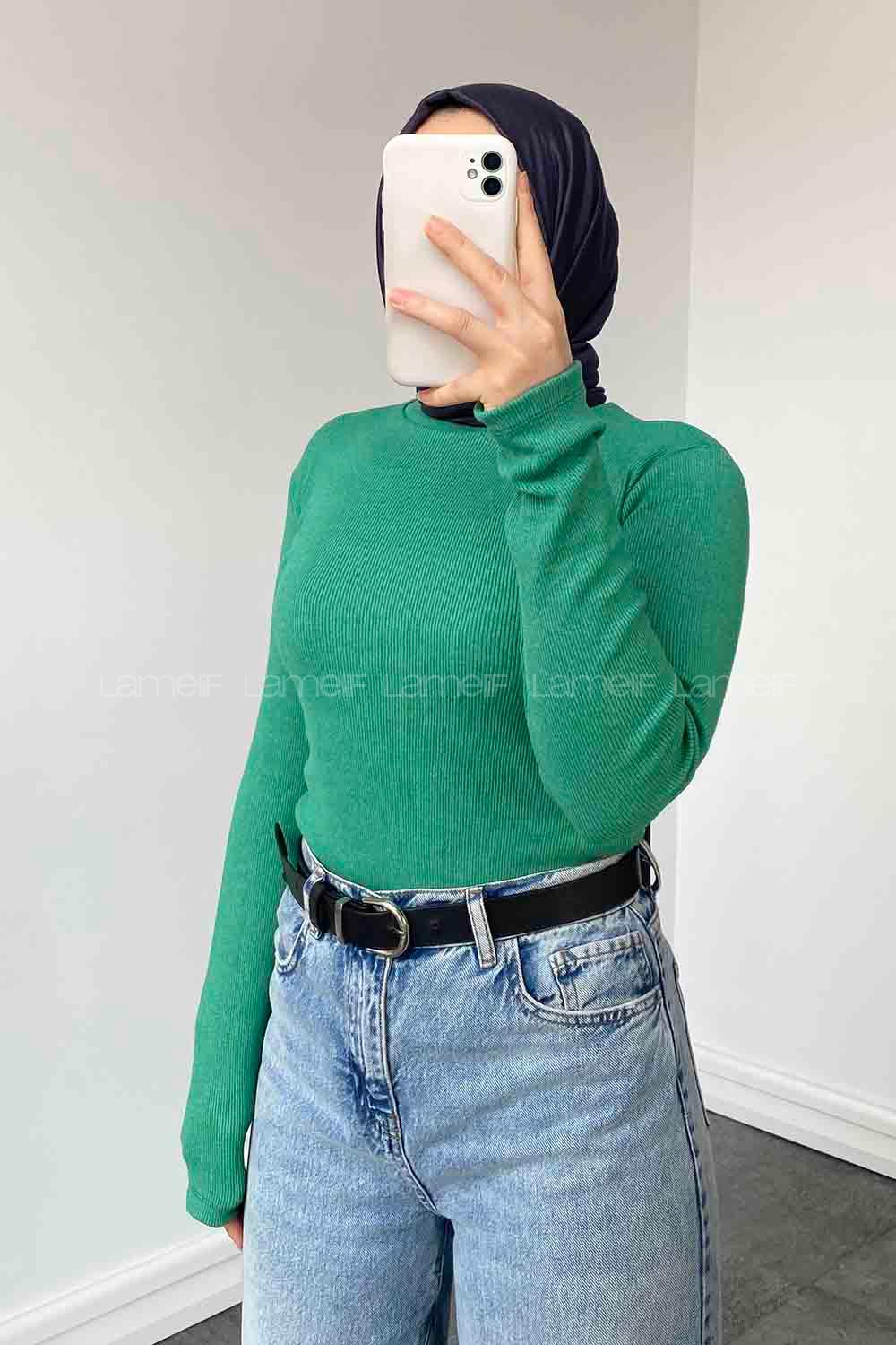 Lamelif Balıkçı Yaka Fitilli Body Yeşil