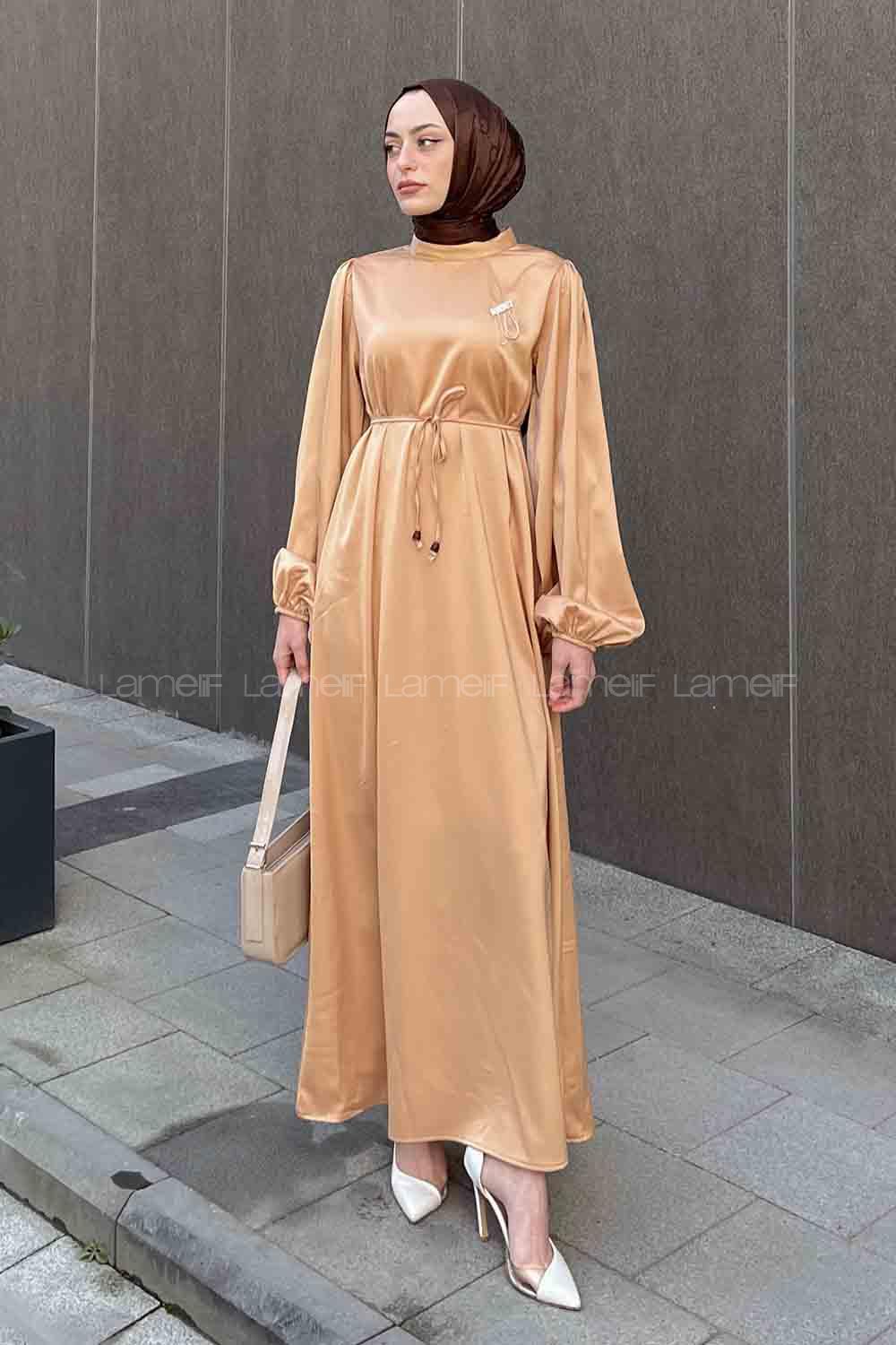 Lamelif Balon Kol Saten Elbise Sütlü Kahve