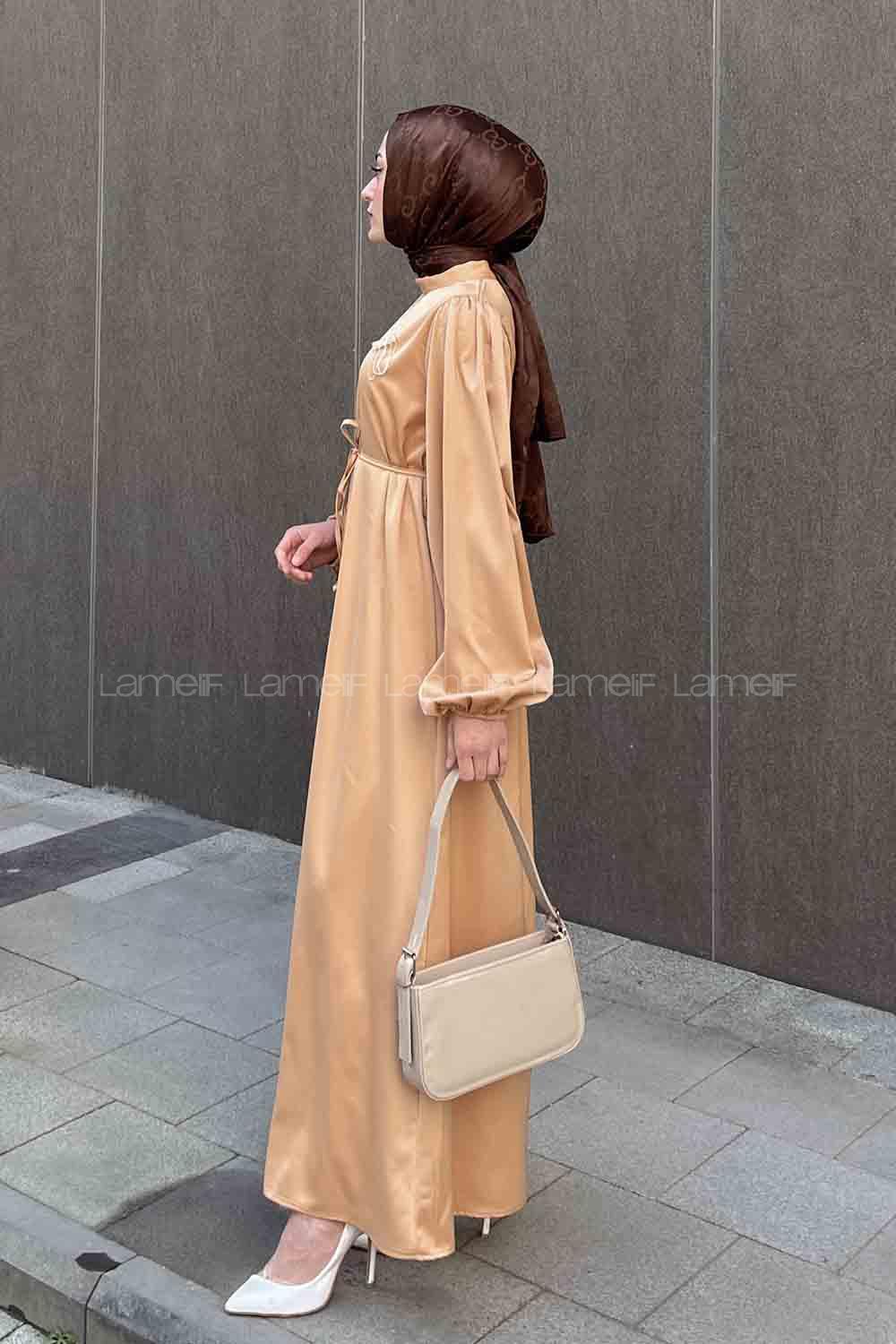 Lamelif Balon Kol Saten Elbise Sütlü Kahve