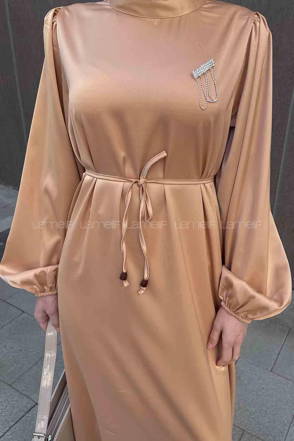 Lamelif Balon Kol Saten Elbise Sütlü Kahve