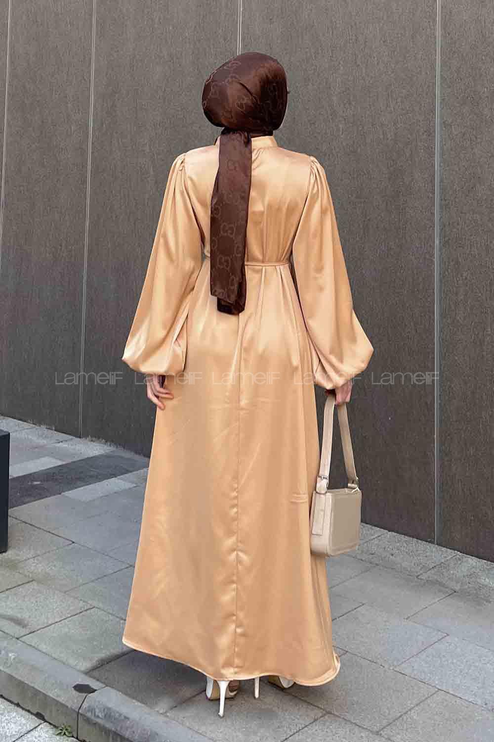 Lamelif Balon Kol Saten Elbise Sütlü Kahve