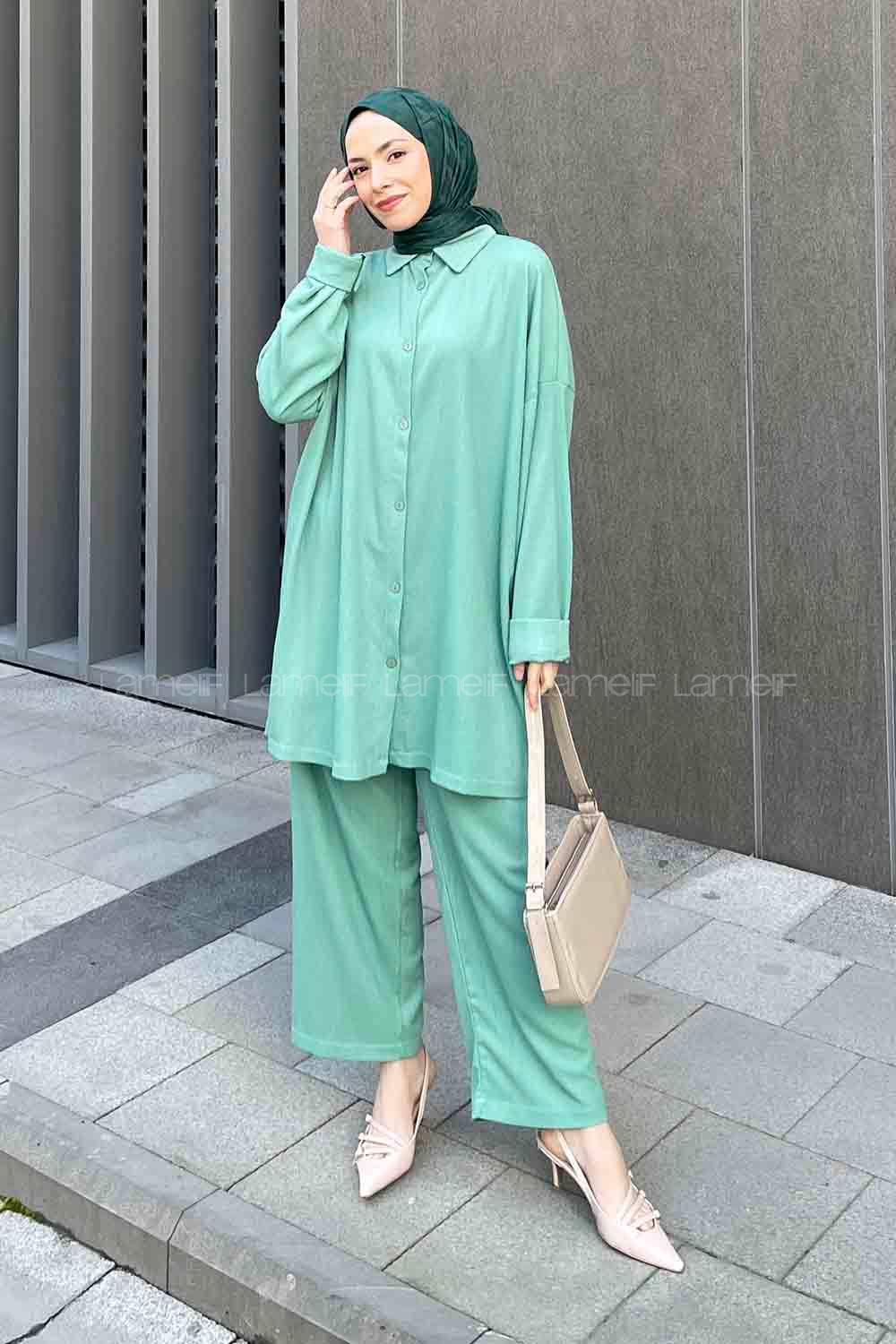 Plum Green Shirt Collar Long Arm Viscose Fabric Regular Trousers Comfortable Suit