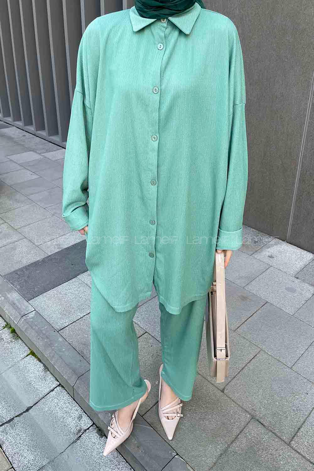 Plum Green Shirt Collar Long Arm Viscose Fabric Regular Trousers Comfortable Suit