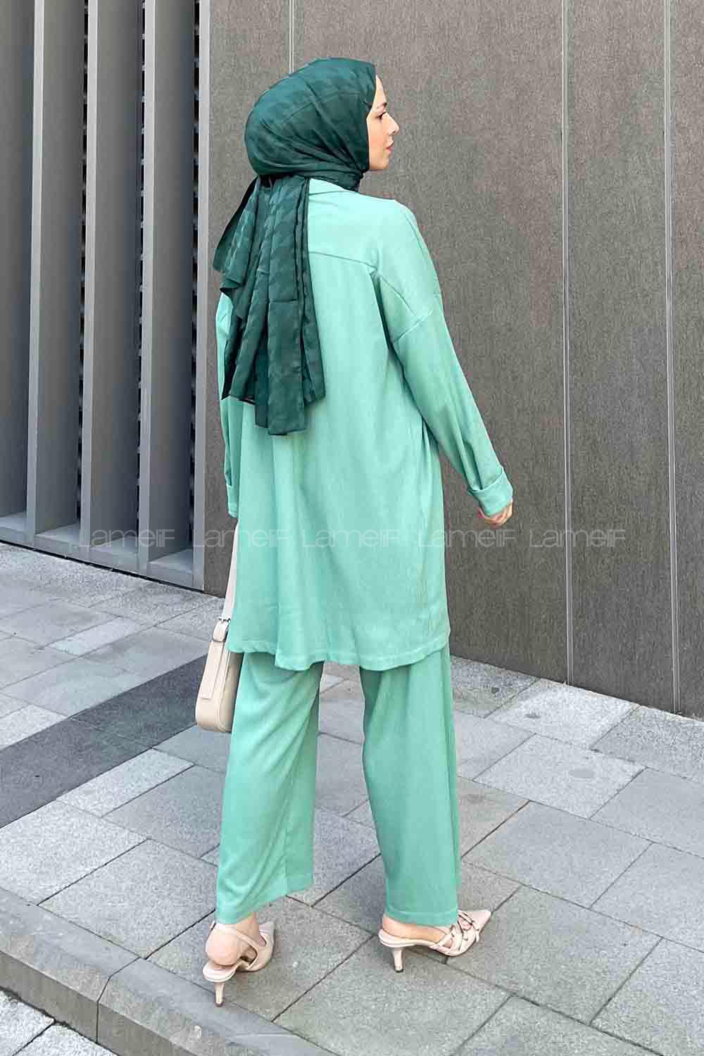 Plum Green Shirt Collar Long Arm Viscose Fabric Regular Trousers Comfortable Suit