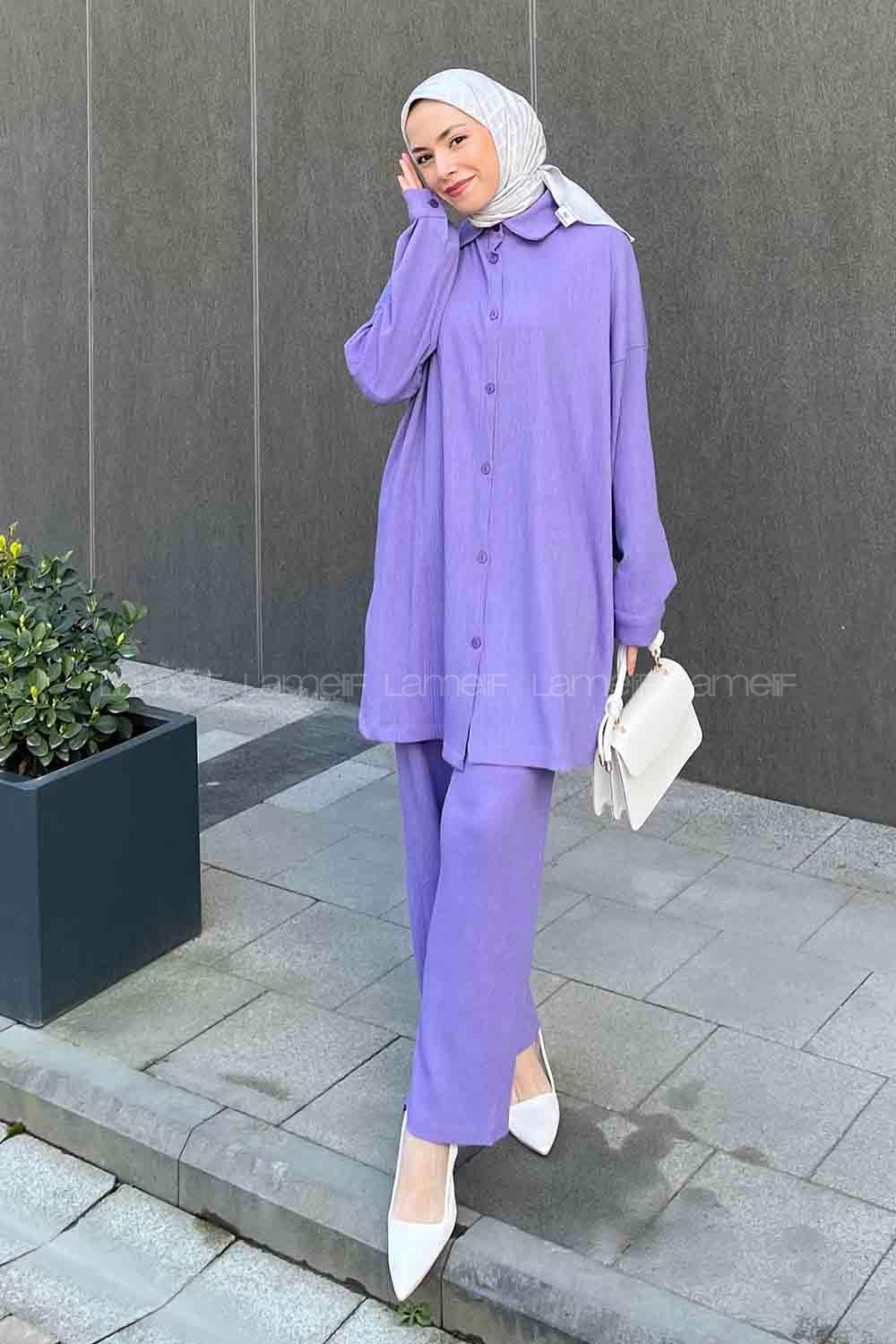 Lilac Shirt Collar Long Arm Viscose Fabric Regular Trousers Comfortable Suit