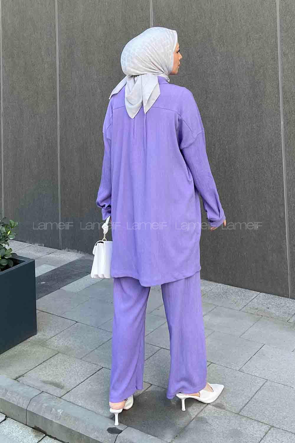 Lilac Shirt Collar Long Arm Viscose Fabric Regular Trousers Comfortable Suit