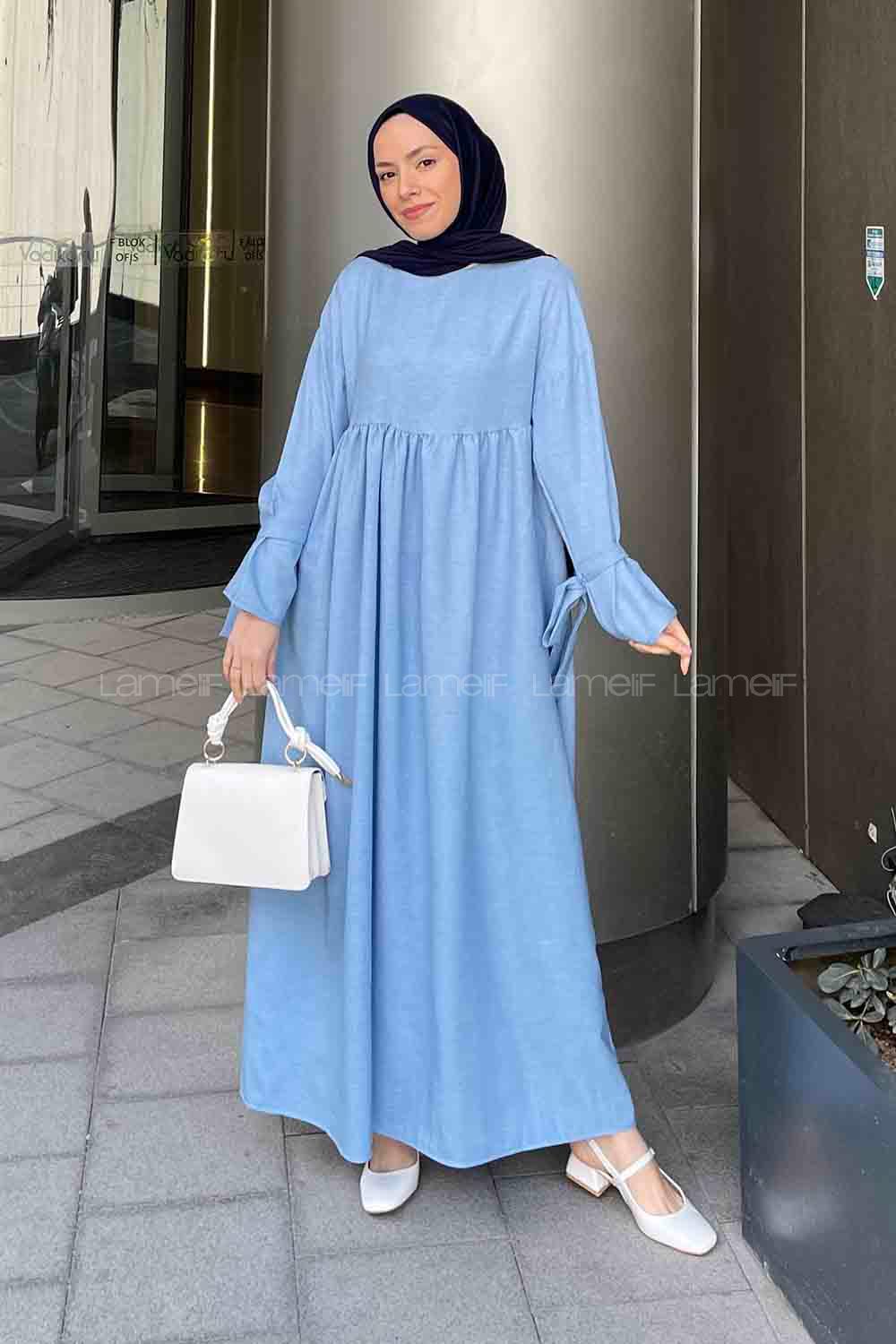 Lamelif Düşük Kol Bağlamalı Keten Tesettür Elbise Bebe Mavisi