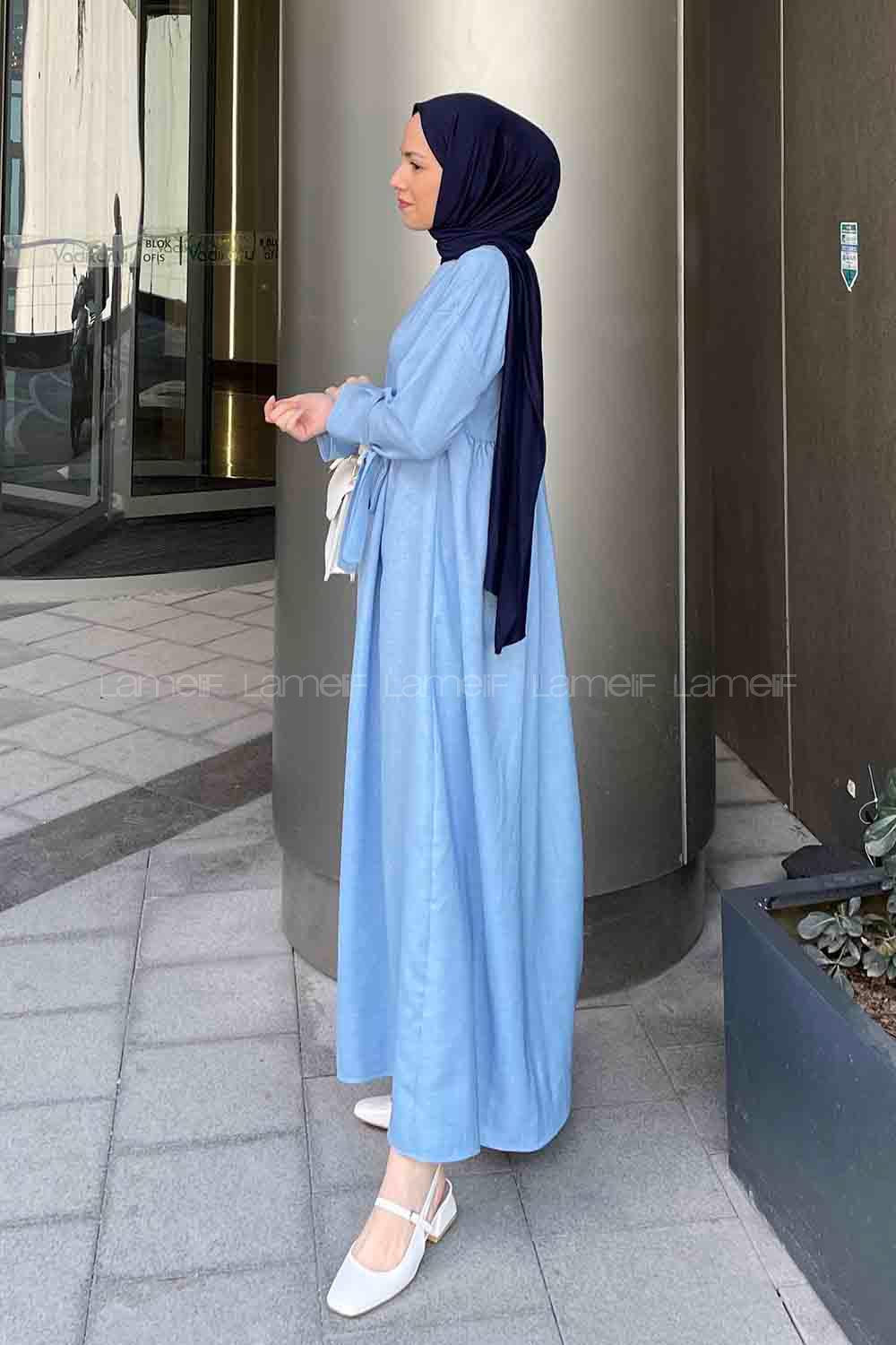 Lamelif Düşük Kol Bağlamalı Keten Tesettür Elbise Bebe Mavisi