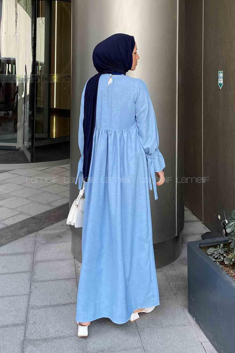 Lamelif Düşük Kol Bağlamalı Keten Tesettür Elbise Bebe Mavisi