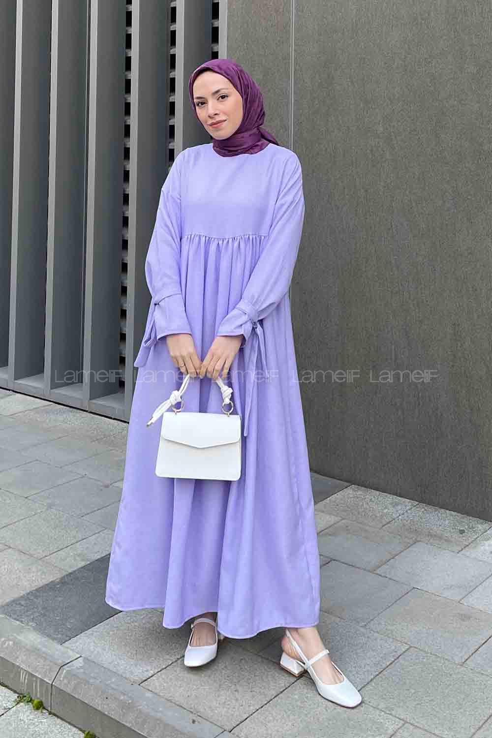 Lilac Medium Crew Neck Cotton Unprinted Dresess