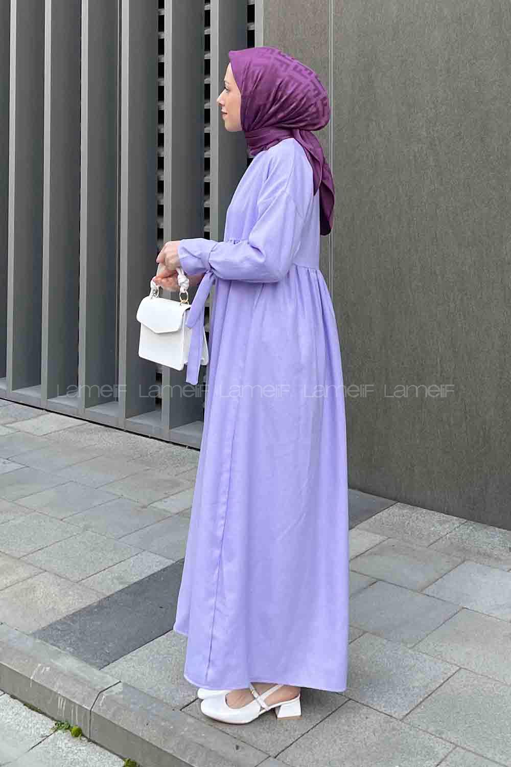 Lilac Medium Crew Neck Cotton Unprinted Dresess