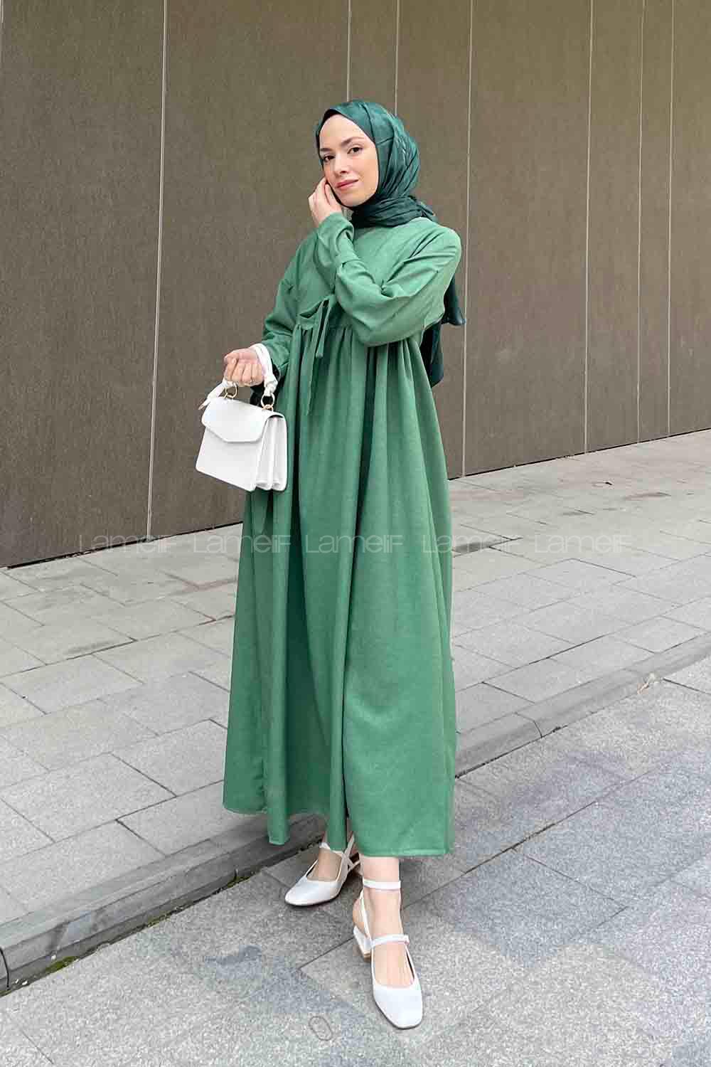 Lamelif Düşük Kol Bağlamalı Keten Tesettür Elbise Yeşil