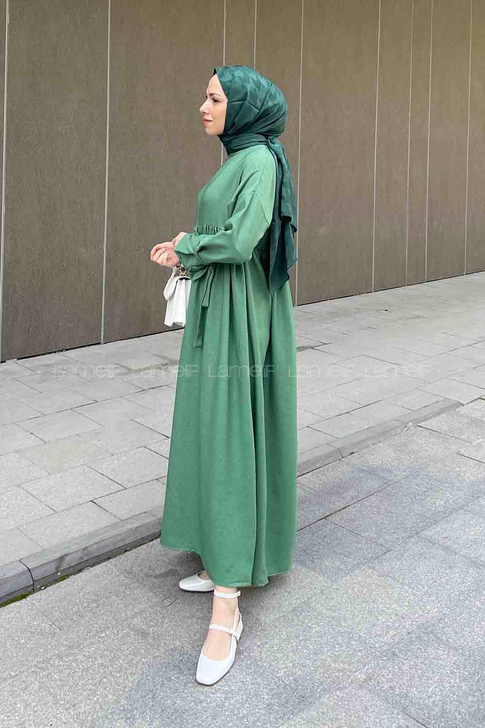 Lamelif Düşük Kol Bağlamalı Keten Tesettür Elbise Yeşil