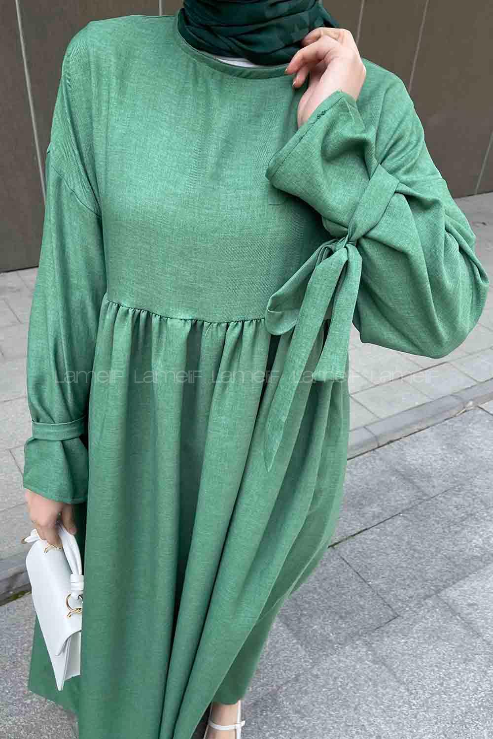 Lamelif Düşük Kol Bağlamalı Keten Tesettür Elbise Yeşil