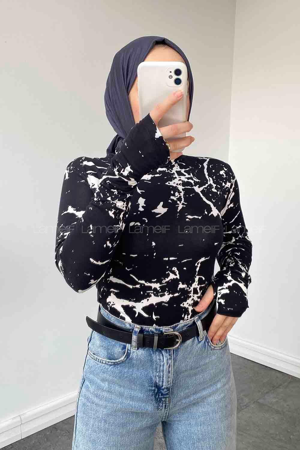 Lamelif Eldiven Detaylı  Soyut Desenli Body Siyah