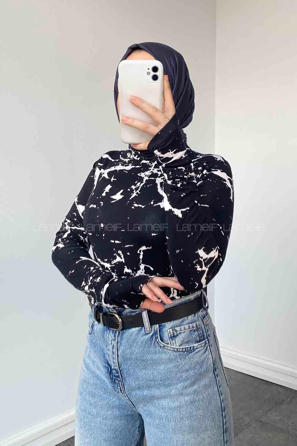 Lamelif Eldiven Detaylı  Soyut Desenli Body Siyah