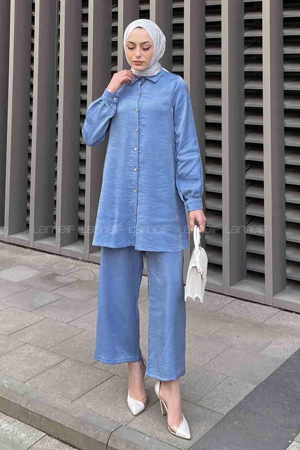 Blue Shirt Collar Long Arm Buttoned Viscose Fabric Trousers Comfortable Suit