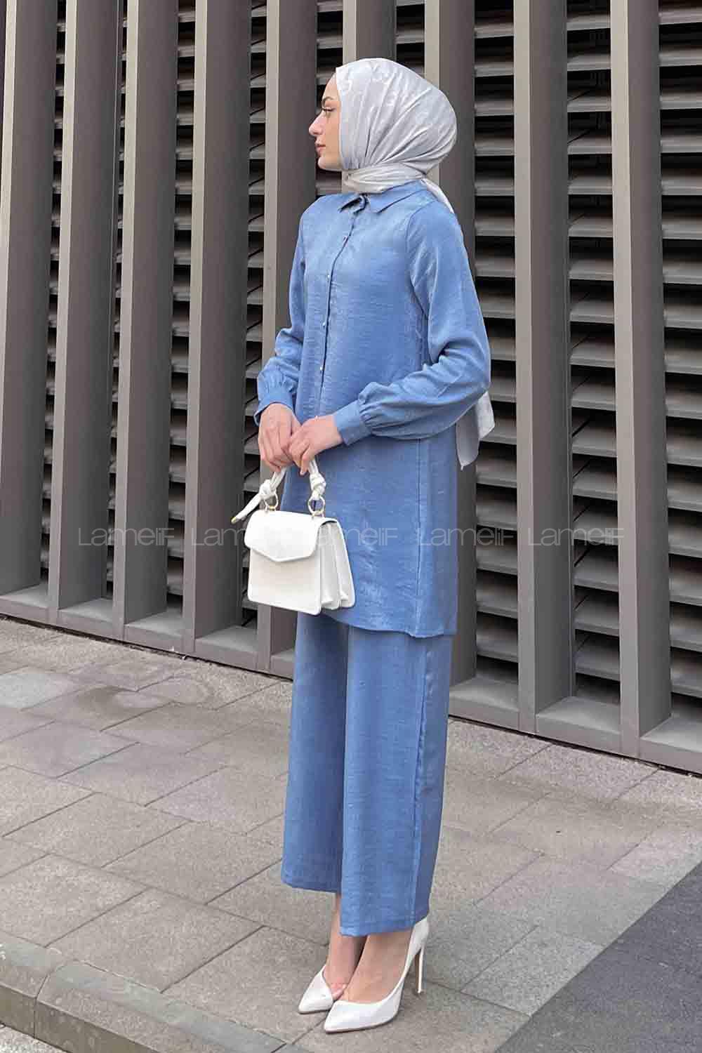 Blue Shirt Collar Long Arm Buttoned Viscose Fabric Trousers Comfortable Suit