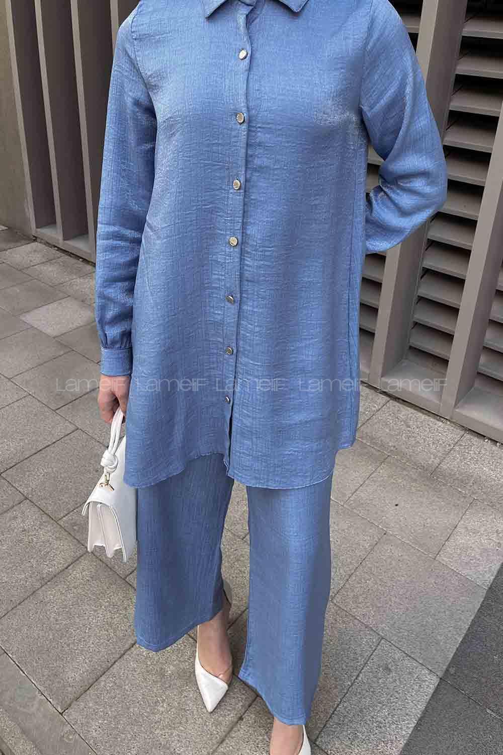 Blue Shirt Collar Long Arm Buttoned Viscose Fabric Trousers Comfortable Suit
