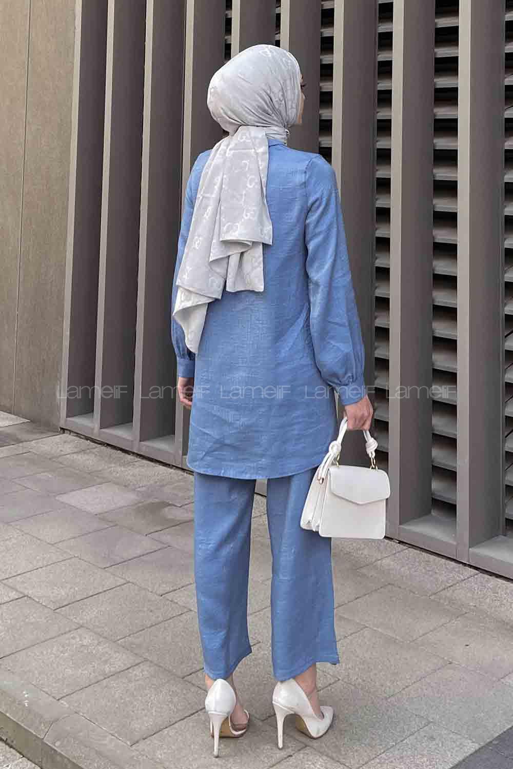 Blue Shirt Collar Long Arm Buttoned Viscose Fabric Trousers Comfortable Suit