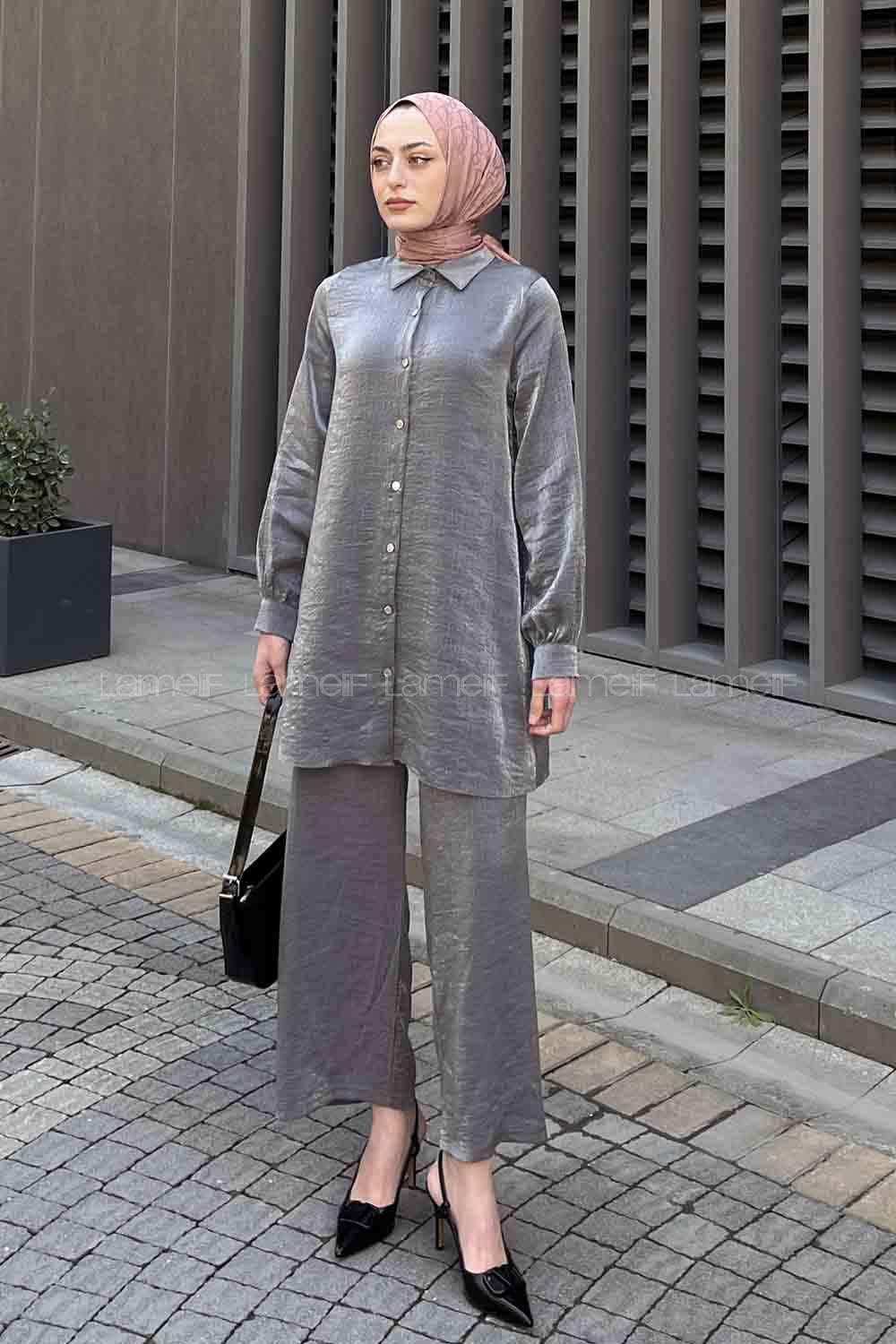Metallic Gray Shirt Collar Long Arm Buttoned Viscose Fabric Trousers Comfortable Suit
