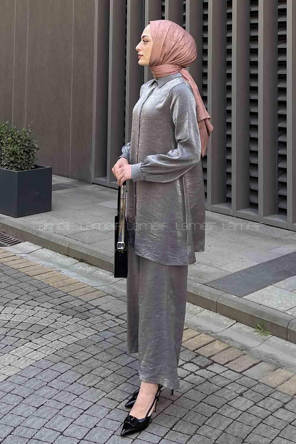 Metallic Gray Shirt Collar Long Arm Buttoned Viscose Fabric Trousers Comfortable Suit