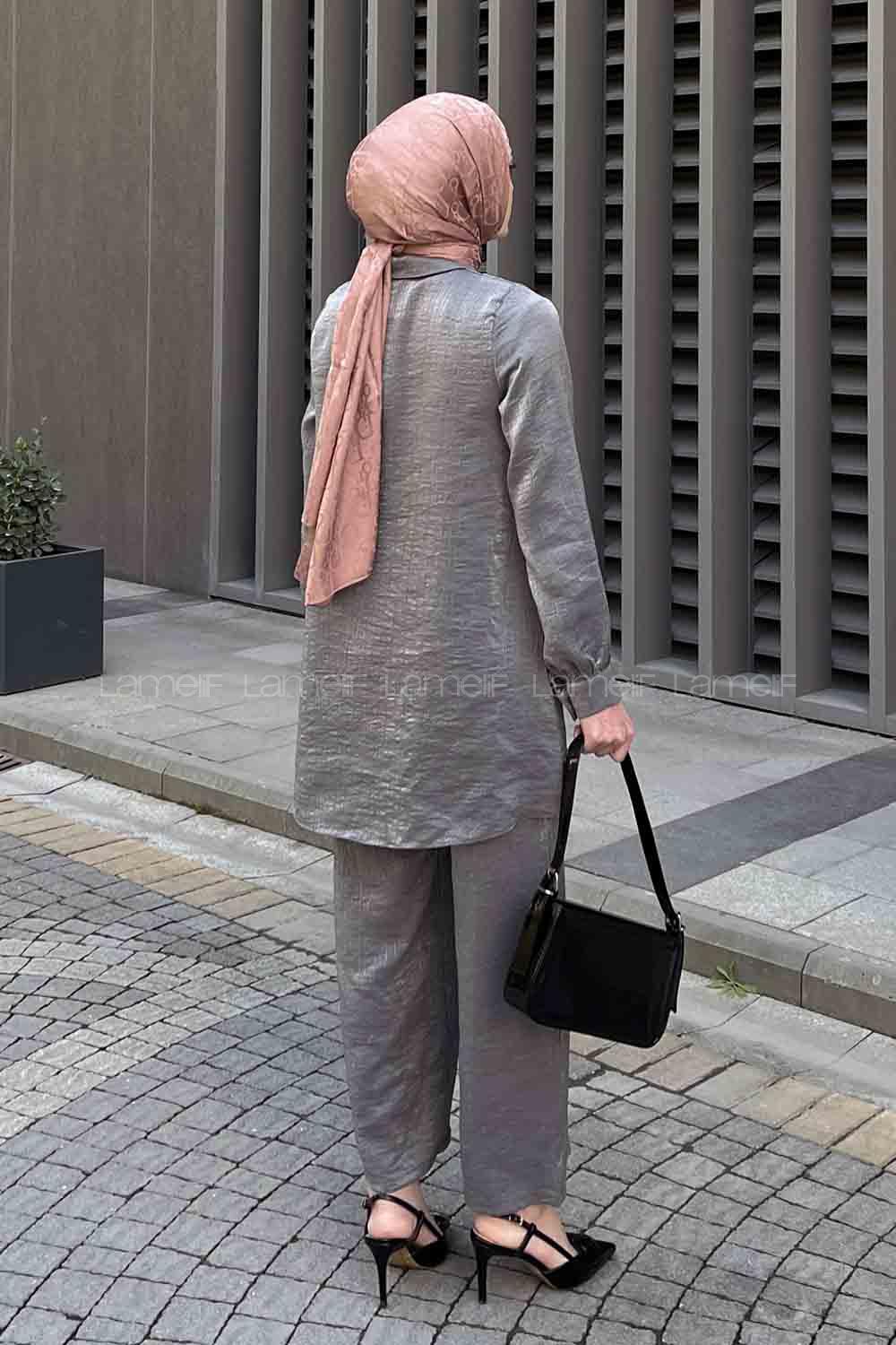 Metallic Gray Shirt Collar Long Arm Buttoned Viscose Fabric Trousers Comfortable Suit