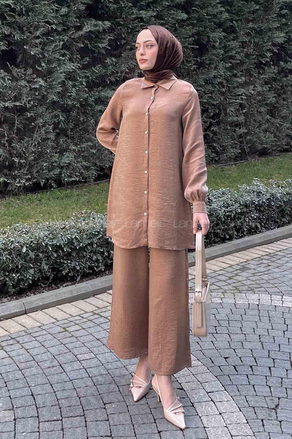 Soft Brown Shirt Collar Long Arm Buttoned Viscose Fabric Trousers Comfortable Suit