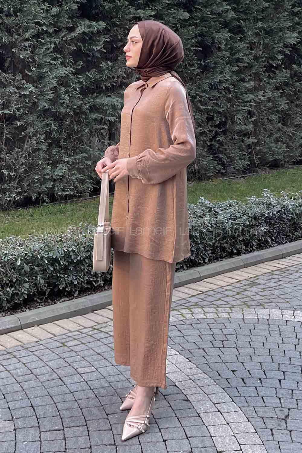 Soft Brown Shirt Collar Long Arm Buttoned Viscose Fabric Trousers Comfortable Suit