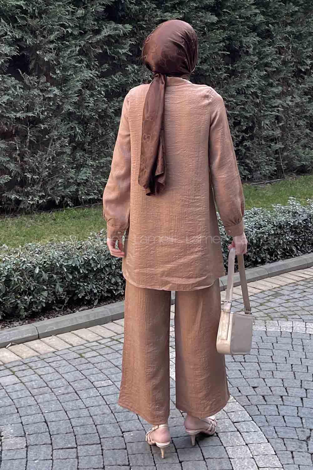 Soft Brown Shirt Collar Long Arm Buttoned Viscose Fabric Trousers Comfortable Suit