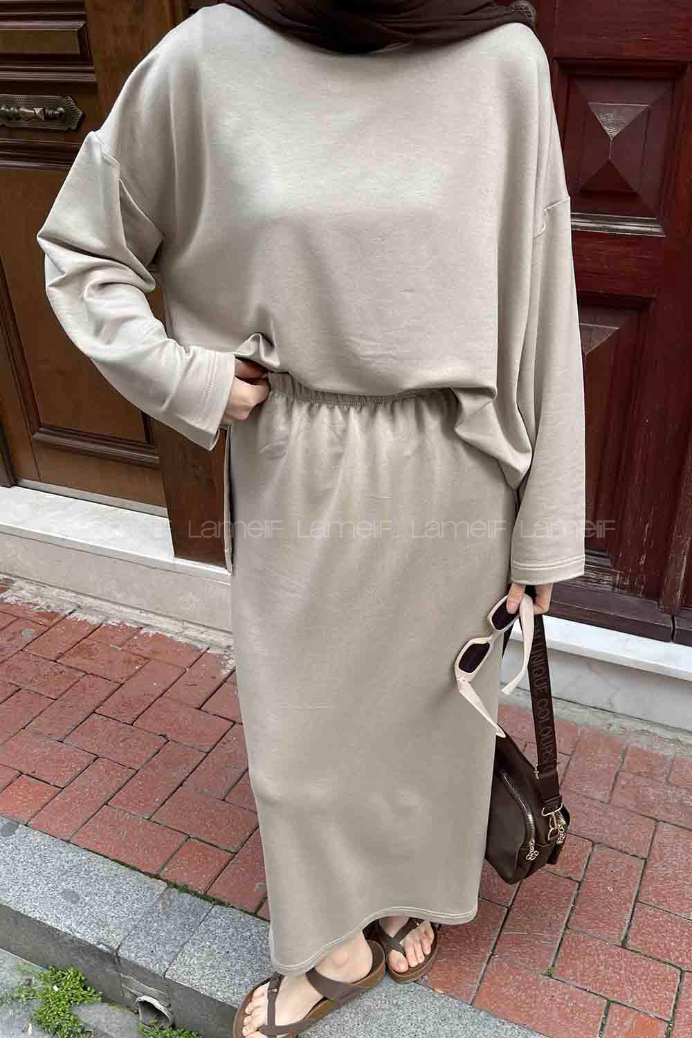 Lamelif Kristal Etekli Tesettür Takım Bej