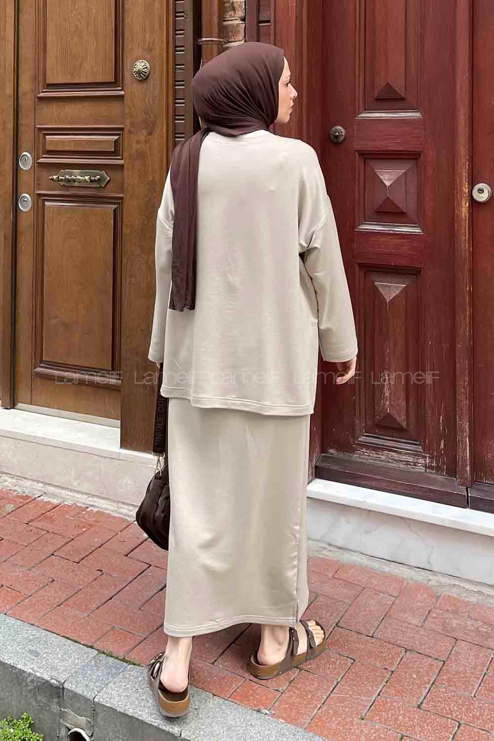 Lamelif Kristal Etekli Tesettür Takım Bej