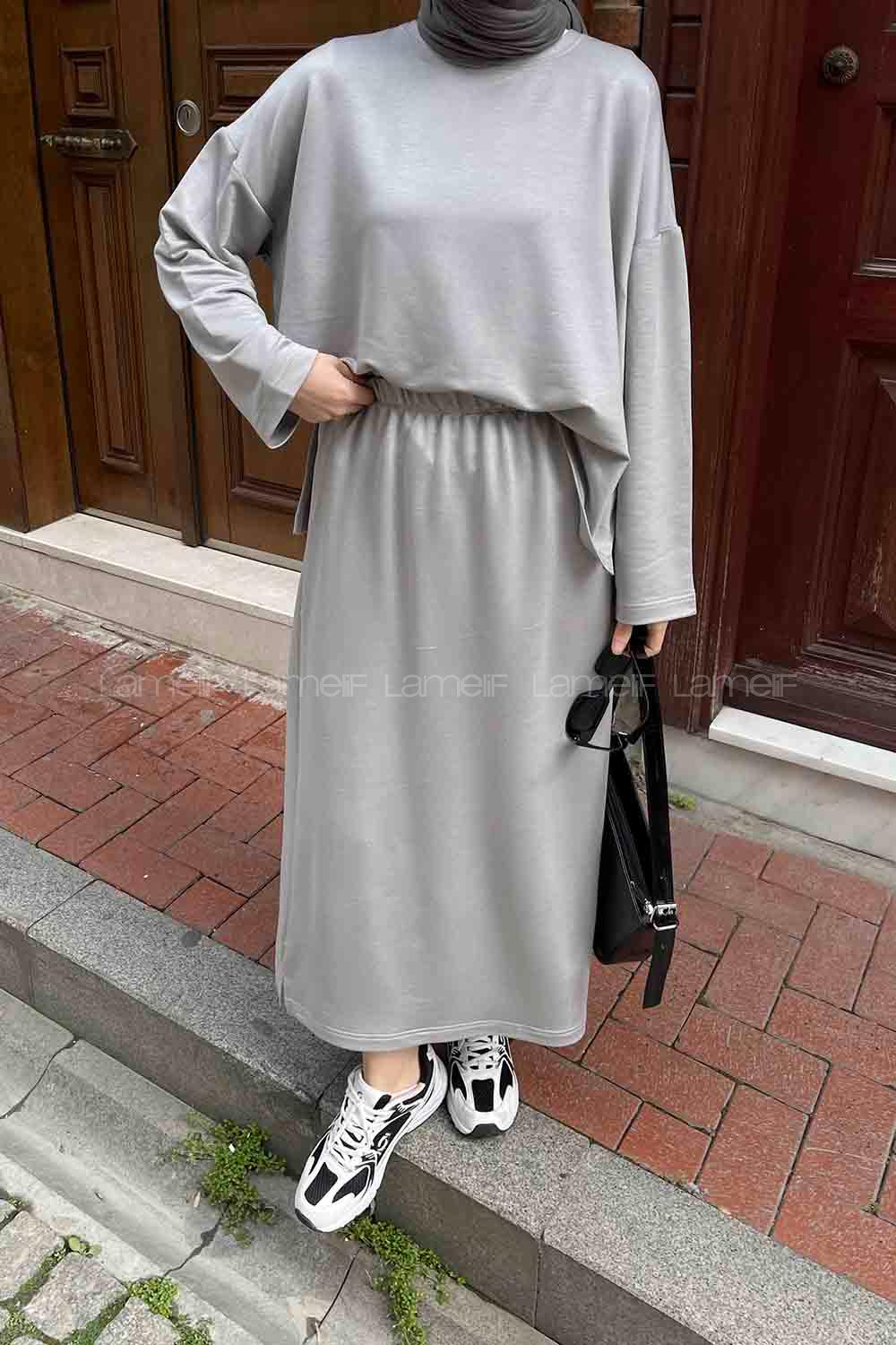 Gray Crew Neck Long Arm Poplin Fabric Straight Skirt Suit