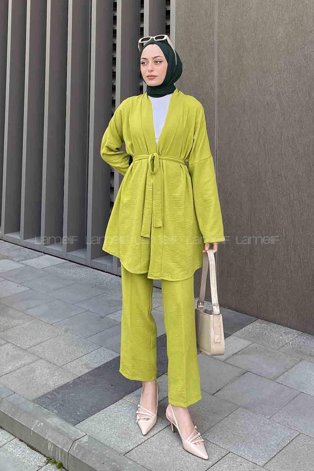 Oil Green Scarf Neck Long Arm Belted Linen Regular Trousers Linen Suit