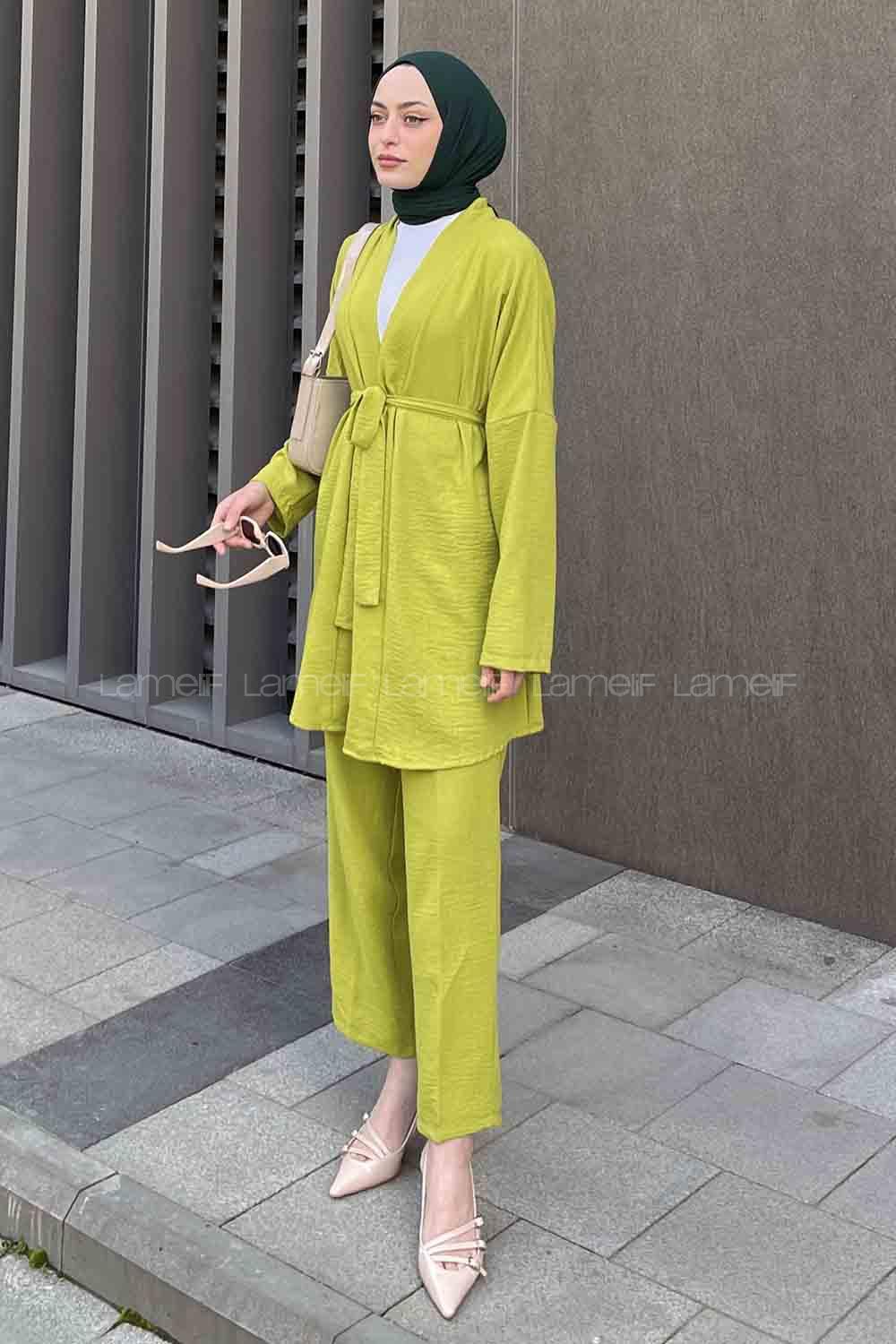 Oil Green Scarf Neck Long Arm Belted Linen Regular Trousers Linen Suit